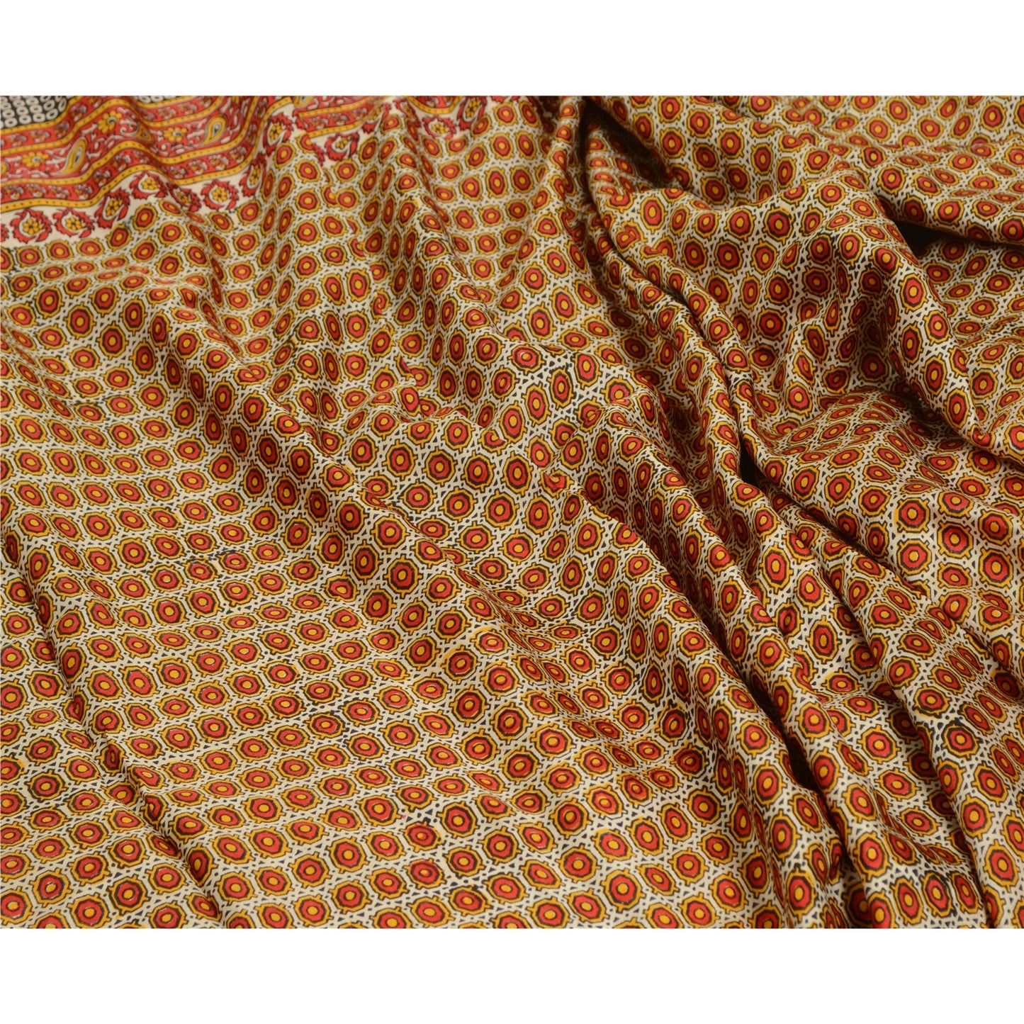 Sanskriti Vintage Ivory/Red Sarees 100% Pure Silk Printed Sari Craft Sustainable Fabric