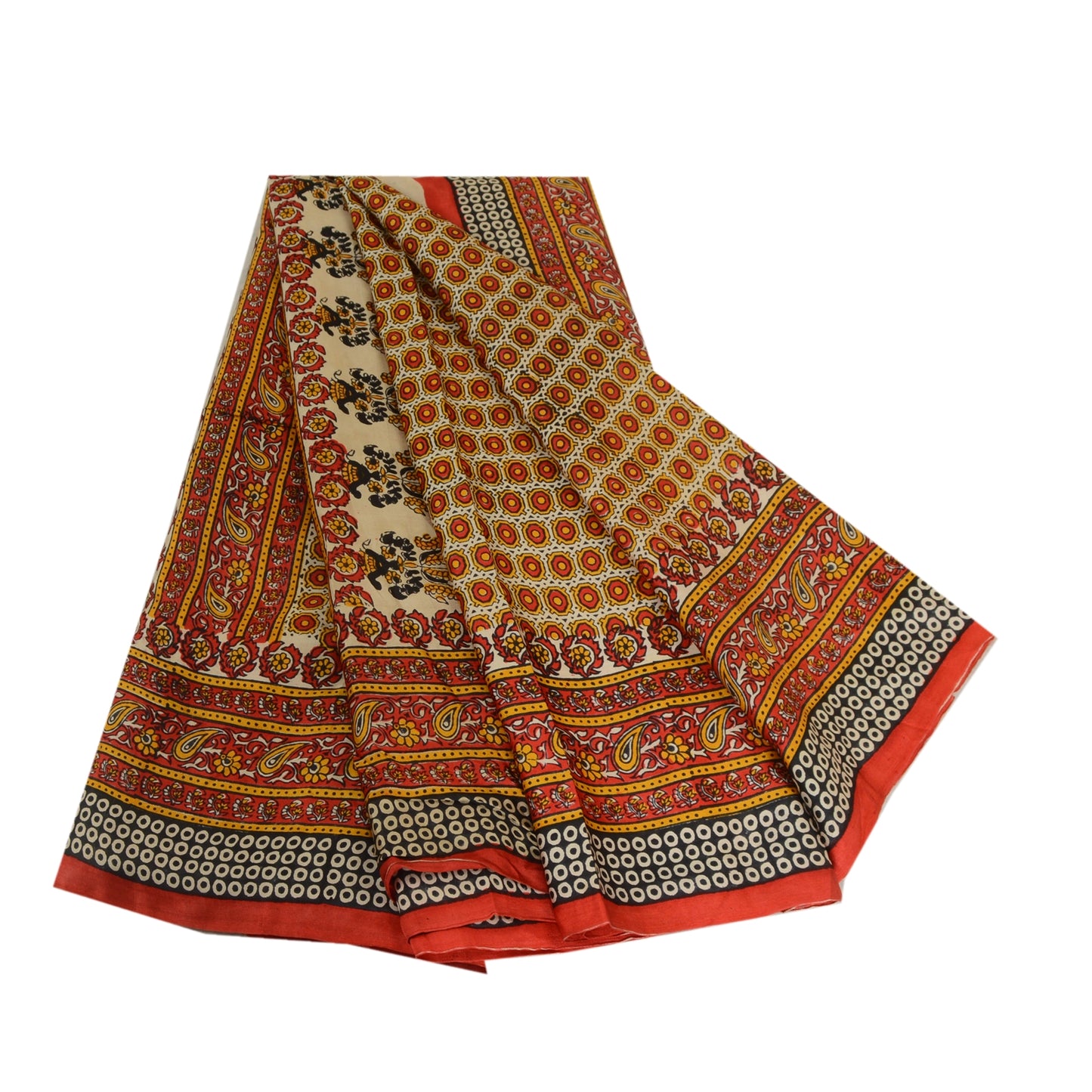 Sanskriti Vintage Ivory/Red Sarees 100% Pure Silk Printed Sari Craft Sustainable Fabric