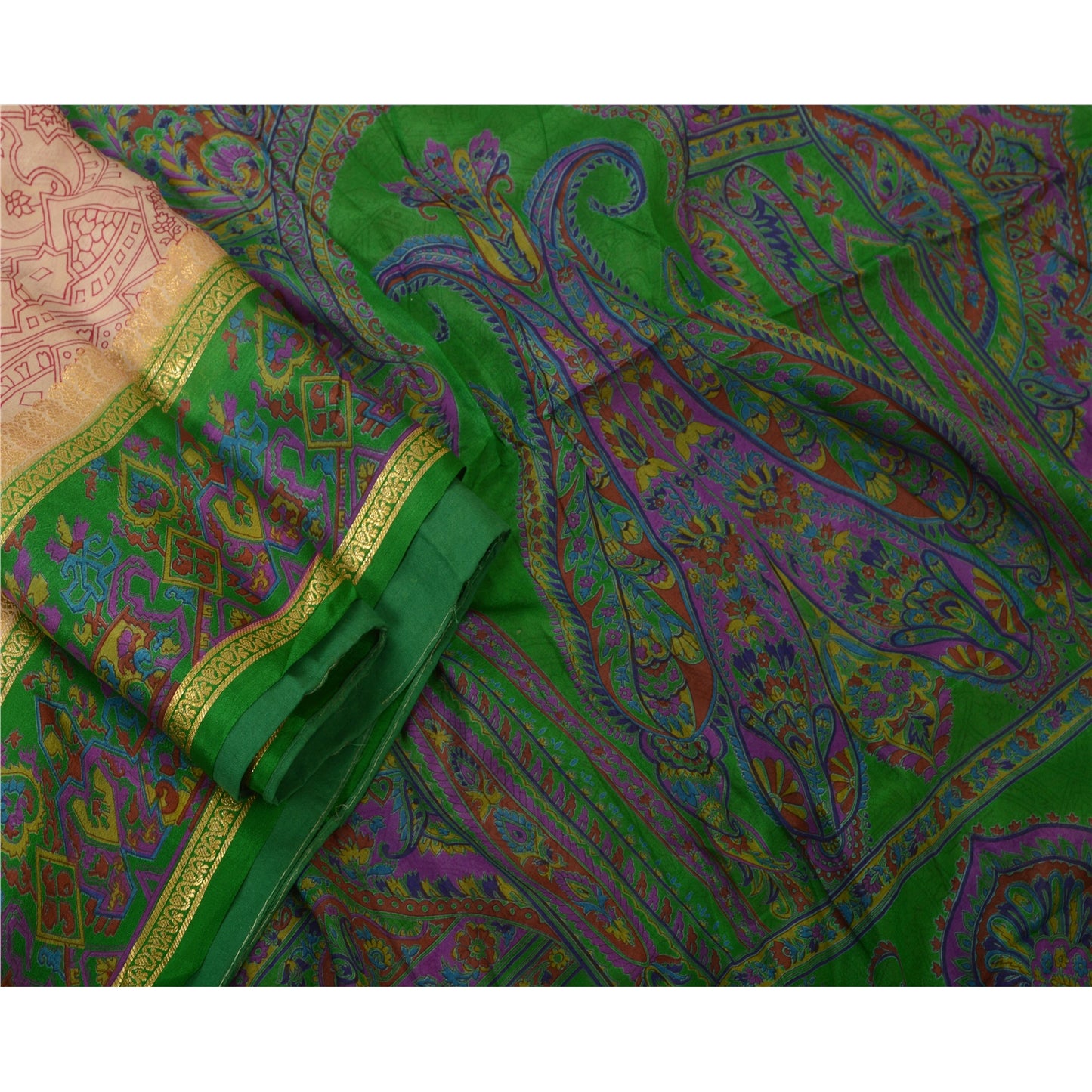 Sanskriti Vintage Sarees Pink & Green Pure Silk Printed Sari 5yd Craft Sustainable Fabric