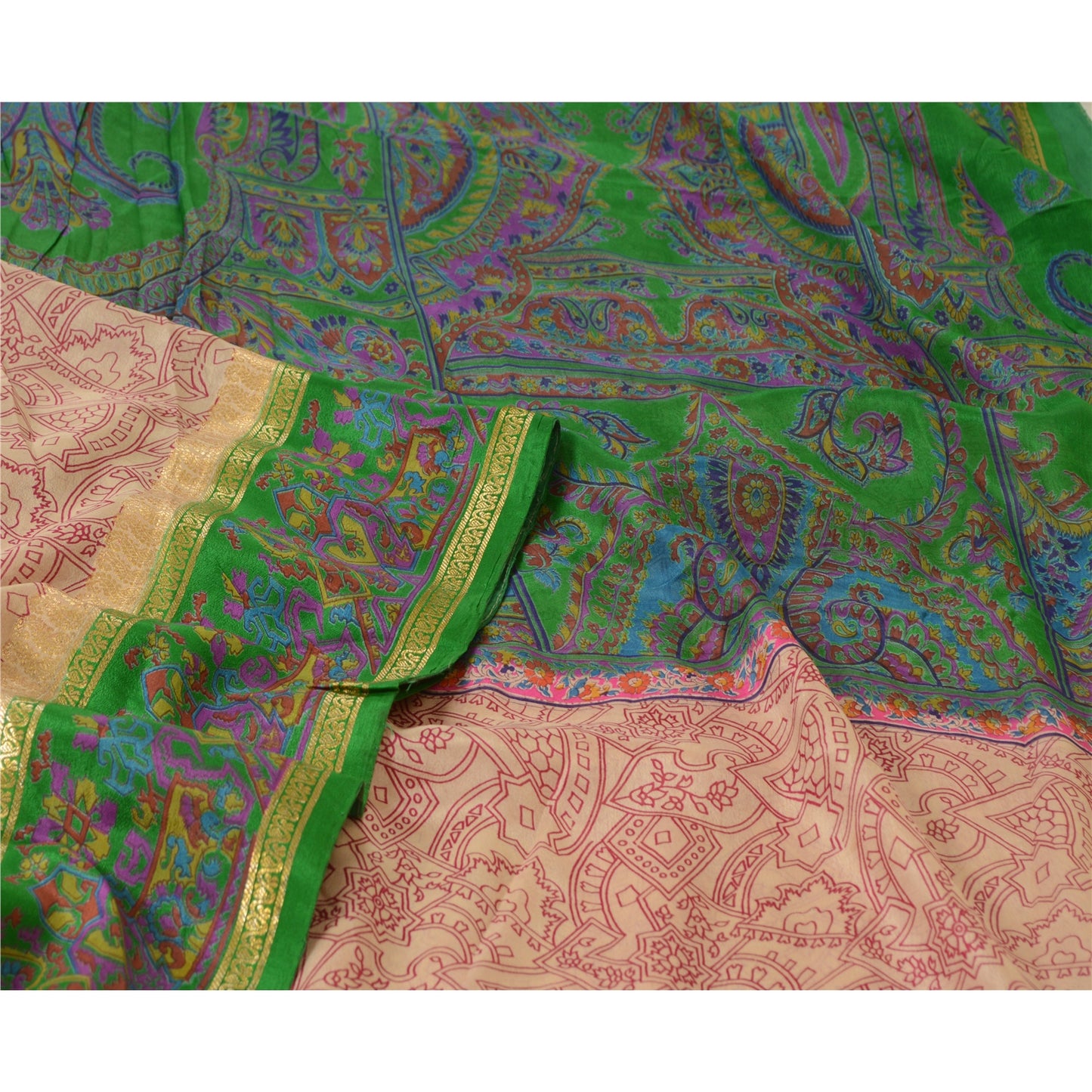 Sanskriti Vintage Sarees Pink & Green Pure Silk Printed Sari 5yd Craft Sustainable Fabric
