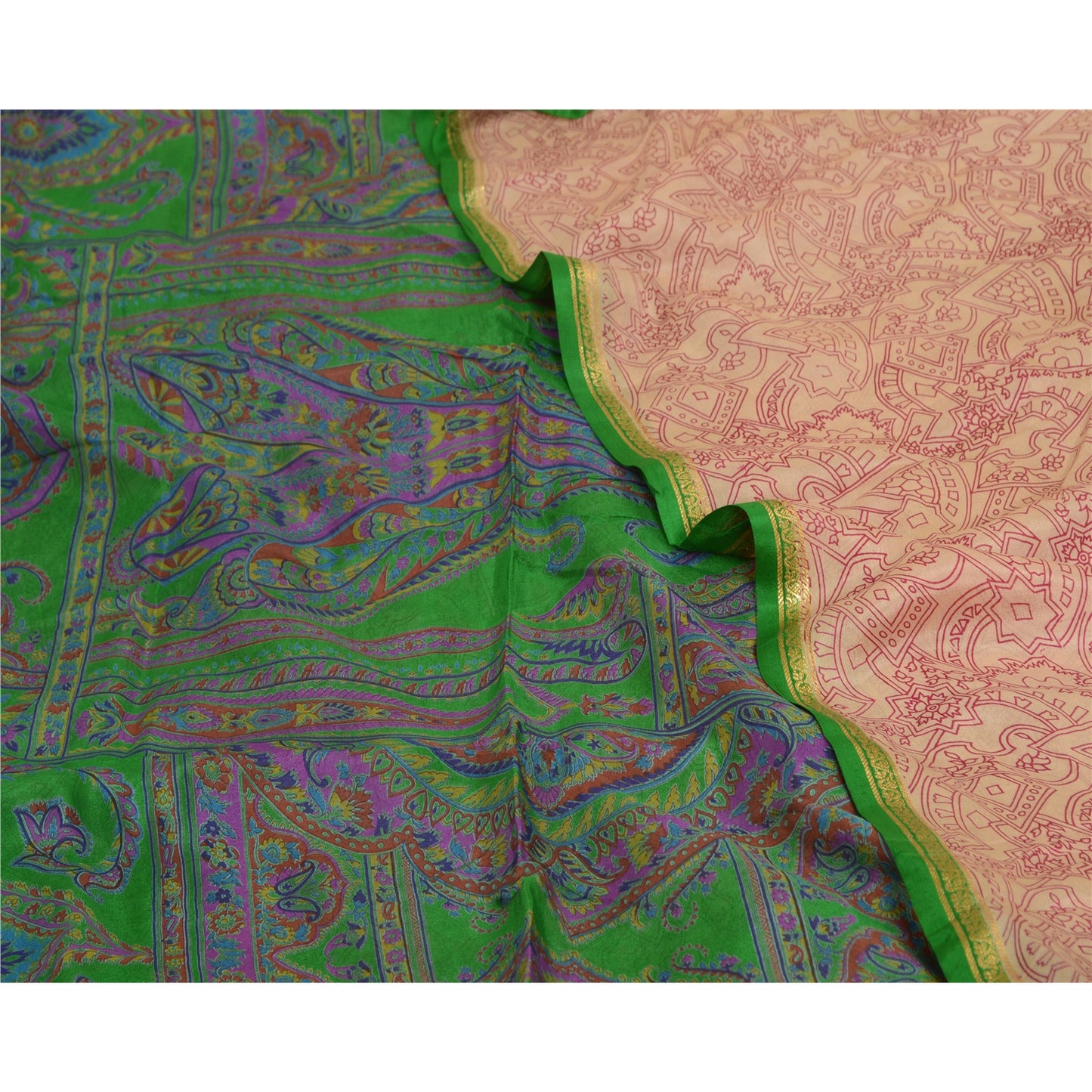 Sanskriti Vintage Sarees Pink & Green Pure Silk Printed Sari 5yd Craft Sustainable Fabric