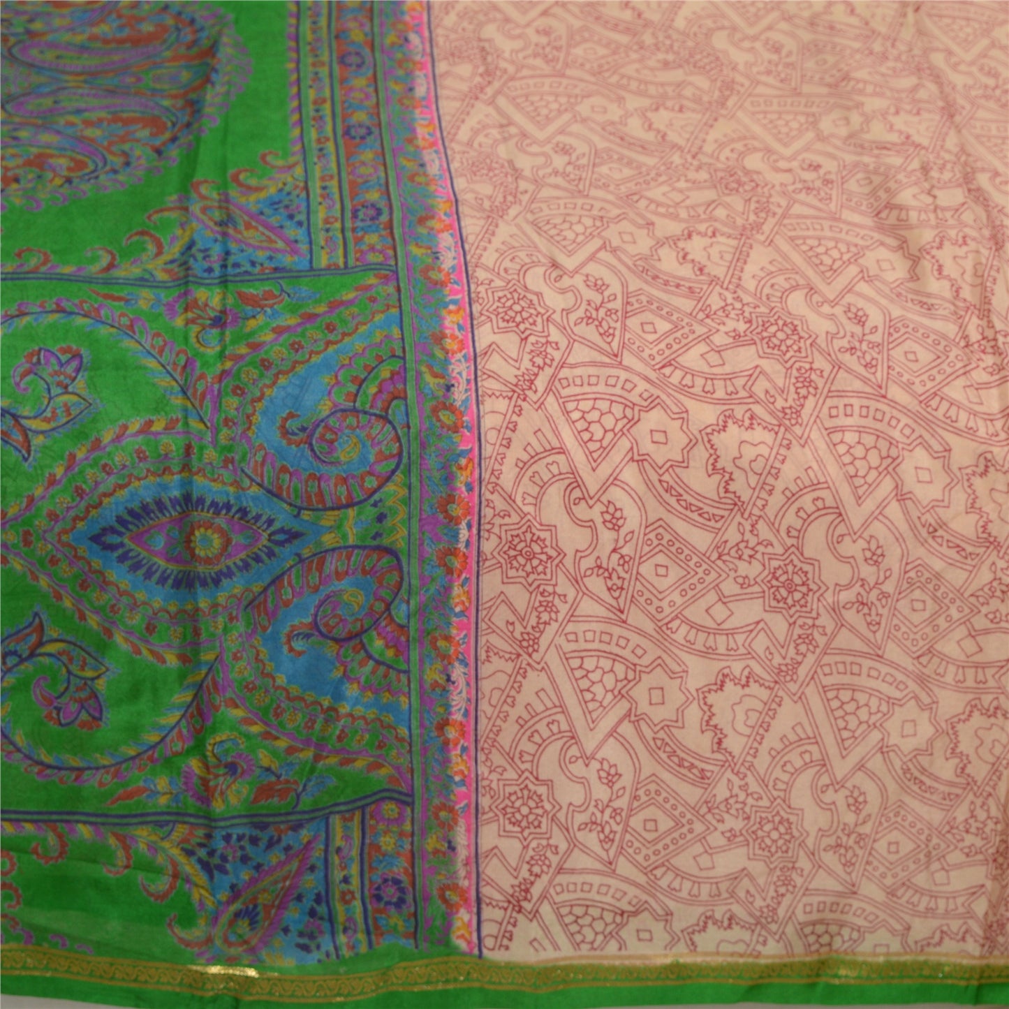 Sanskriti Vintage Sarees Pink & Green Pure Silk Printed Sari 5yd Craft Sustainable Fabric