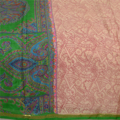 Sanskriti Vintage Sarees Pink & Green Pure Silk Printed Sari 5yd Craft Sustainable Fabric