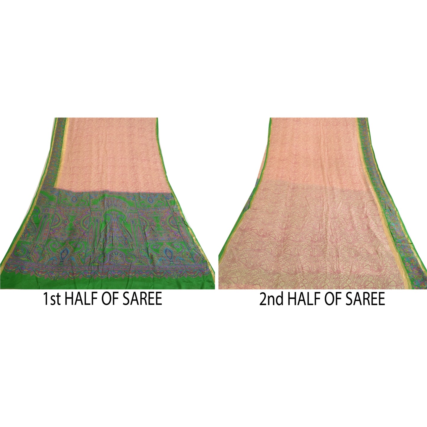 Sanskriti Vintage Sarees Pink & Green Pure Silk Printed Sari 5yd Craft Sustainable Fabric