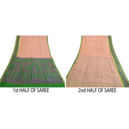 Sanskriti Vintage Sarees Pink & Green Pure Silk Printed Sari 5yd Craft Sustainable Fabric