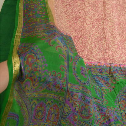 Sanskriti Vintage Sarees Pink & Green Pure Silk Printed Sari 5yd Craft Sustainable Fabric
