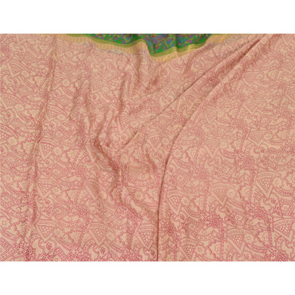 Sanskriti Vintage Sarees Pink & Green Pure Silk Printed Sari 5yd Craft Sustainable Fabric