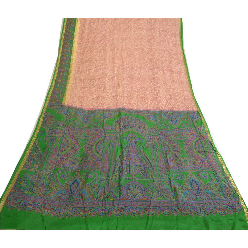 Sanskriti Vintage Sarees Pink & Green Pure Silk Printed Sari 5yd Craft Sustainable Fabric