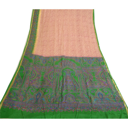 Sanskriti Vintage Sarees Pink & Green Pure Silk Printed Sari 5yd Craft Sustainable Fabric