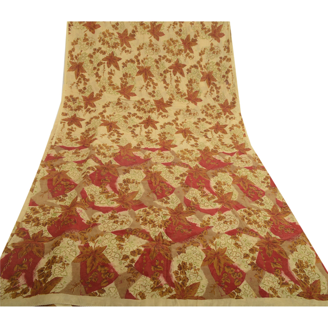 Sanskriti Vintage Sarees Indian Beige Pure Silk Printed Sari Soft Craft Fabric