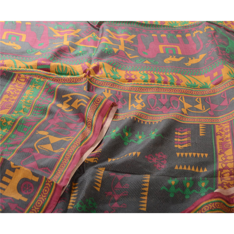 Sanskriti Vintage Saree 100% Pure Silk Saree Grayish-Black Warli Art Printed Tribal Human 5yd Craft Fabric Pre-Owned Upcycled, Recycled