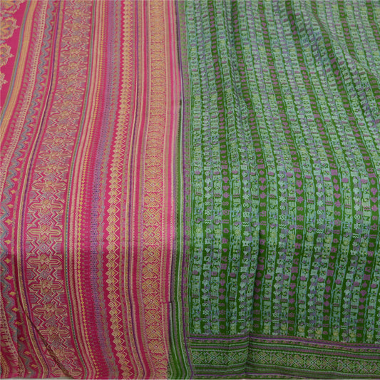 Sanskriti Vintage Sarees Indian Green & Pink Pure Silk Printed Sari Craft Sustainable Fabric