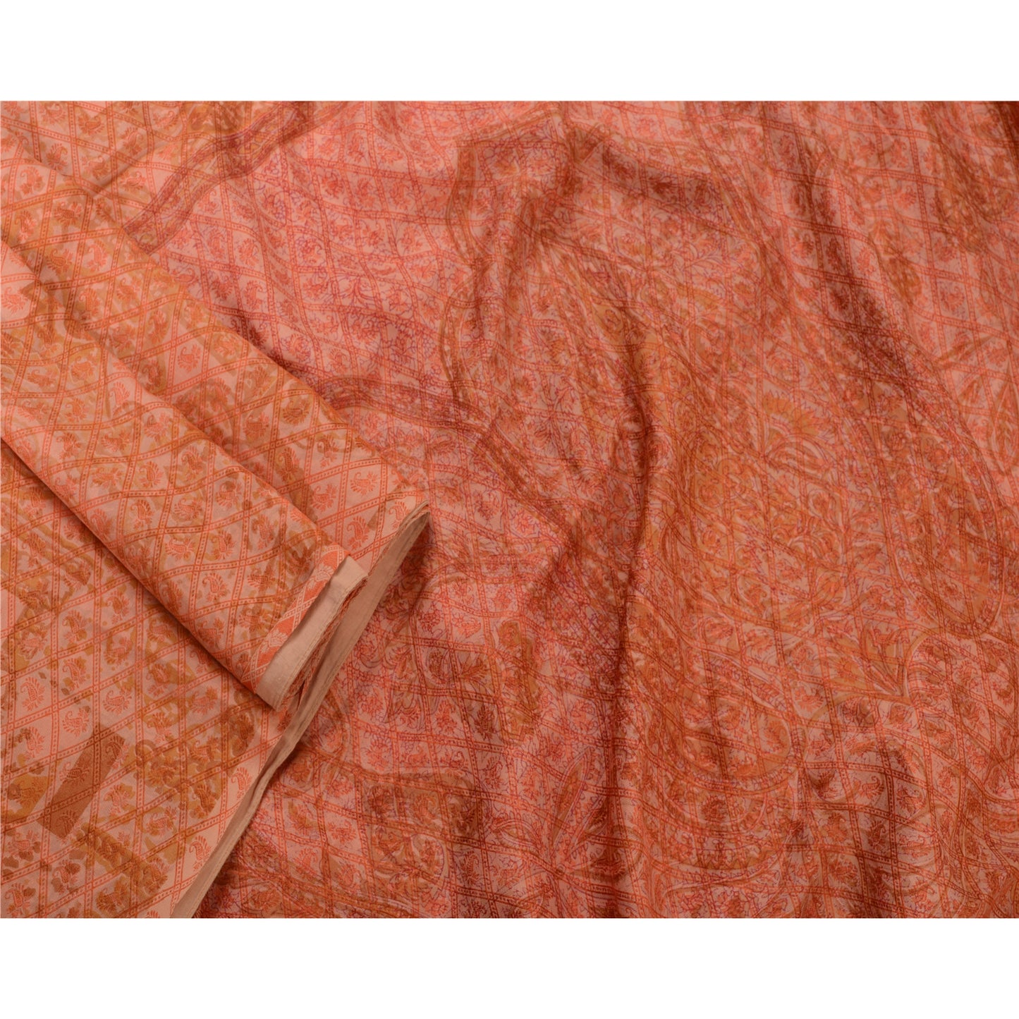 Sanskriti Vintage Sarees Indian Pastel-Red Pure Silk Printed Sari Craft Sustainable Fabric