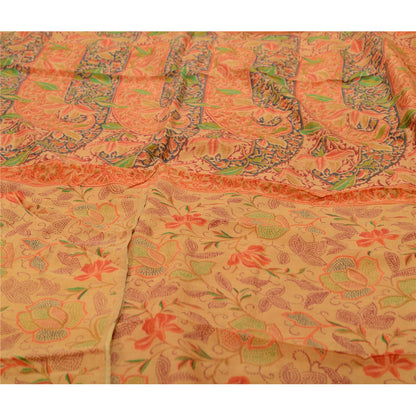 Sanskriti Vintage Sarees From India Saffron Pure Silk Printed Sari Craft Sustainable Fabric