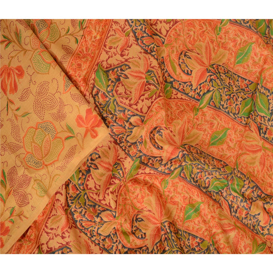 Sanskriti Vintage Sarees From India Saffron Pure Silk Printed Sari Craft Sustainable Fabric