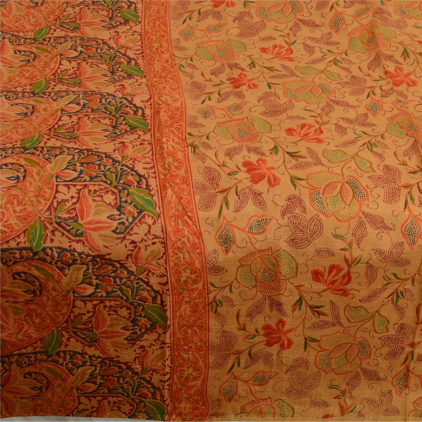 Sanskriti Vintage Sarees From India Saffron Pure Silk Printed Sari Craft Sustainable Fabric