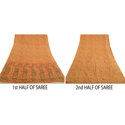 Sanskriti Vintage Sarees From India Saffron Pure Silk Printed Sari Craft Sustainable Fabric