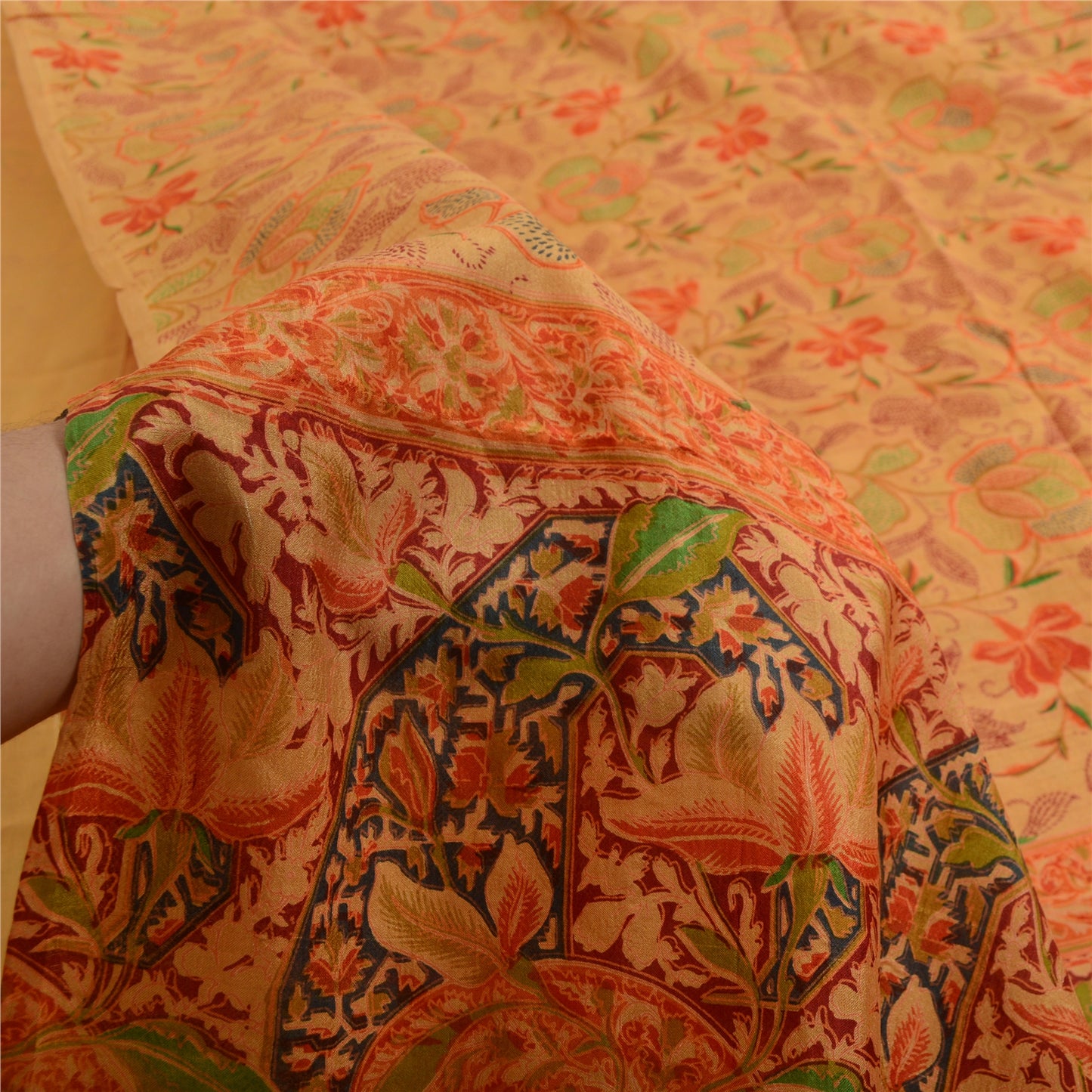 Sanskriti Vintage Sarees From India Saffron Pure Silk Printed Sari Craft Sustainable Fabric