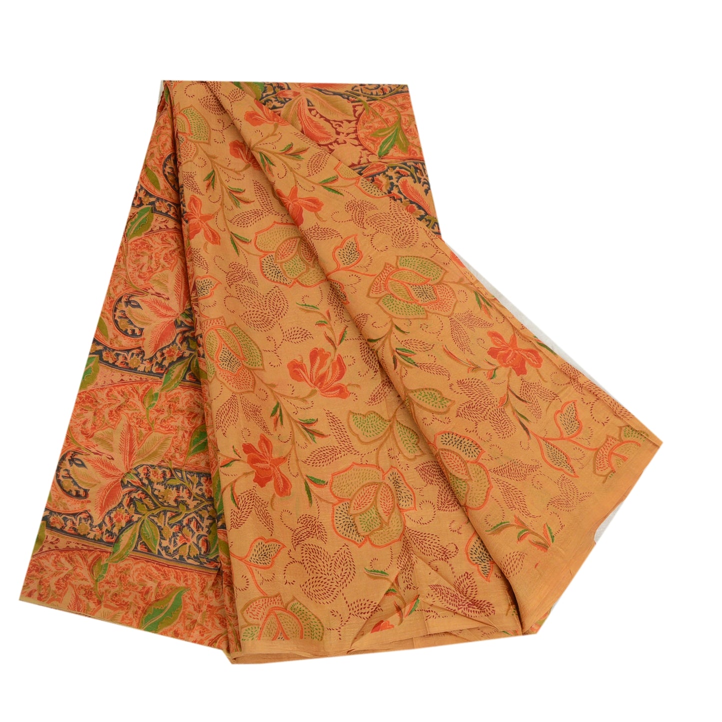 Sanskriti Vintage Sarees From India Saffron Pure Silk Printed Sari Craft Sustainable Fabric