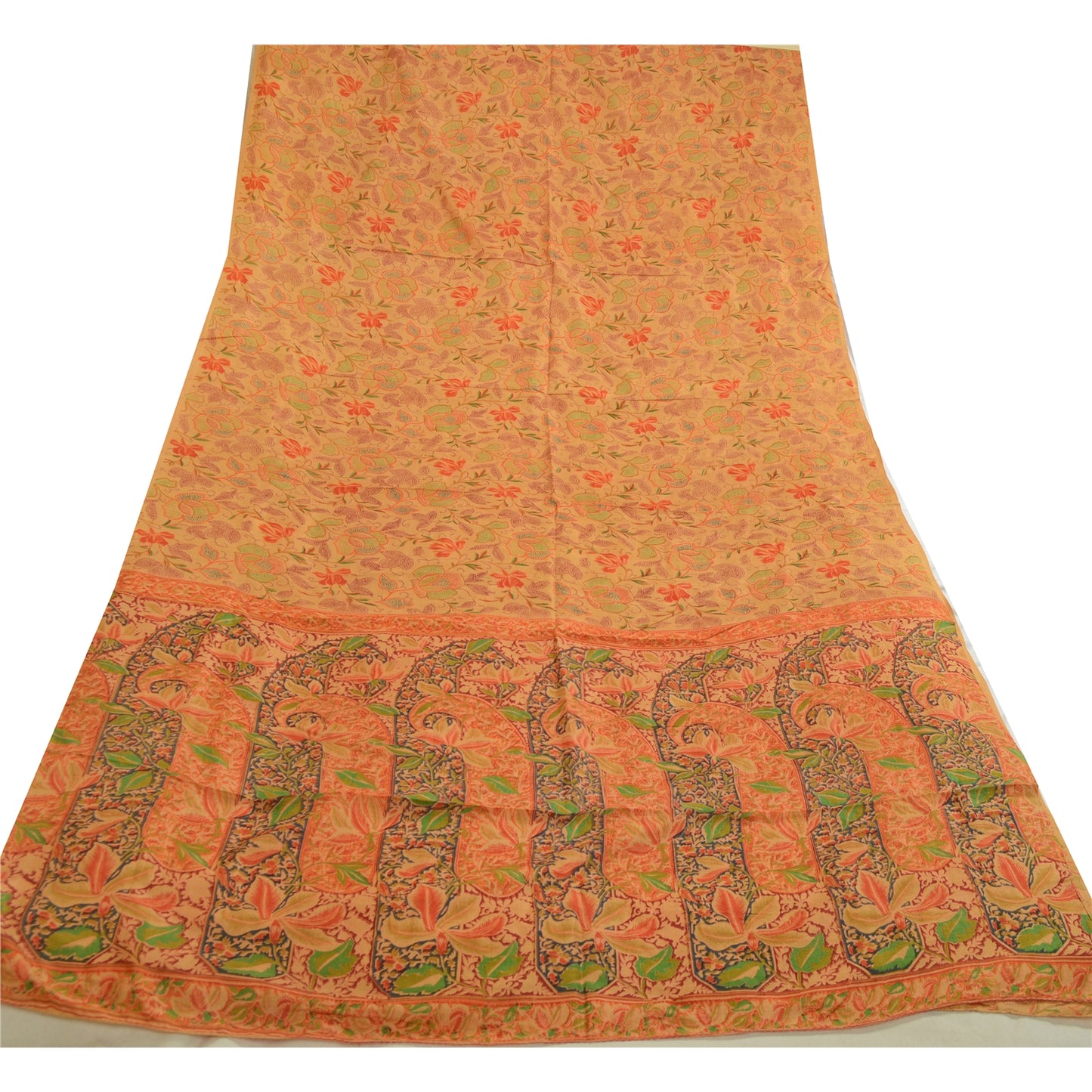 Sanskriti Vintage Sarees From India Saffron Pure Silk Printed Sari Craft Sustainable Fabric
