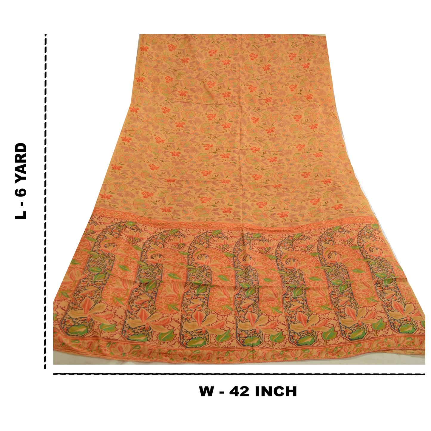 Sanskriti Vintage Sarees From India Saffron Pure Silk Printed Sari Craft Sustainable Fabric