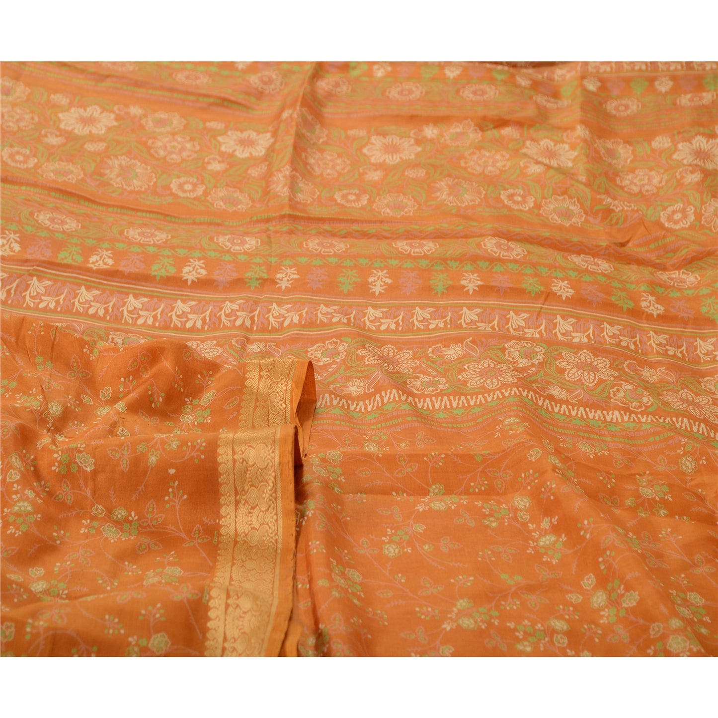 Sanskriti Vintage Sarees Brown Pure Silk Printed Sari Woven Border Craft Sustainable Fabric