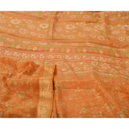 Sanskriti Vintage Sarees Brown Pure Silk Printed Sari Woven Border Craft Sustainable Fabric