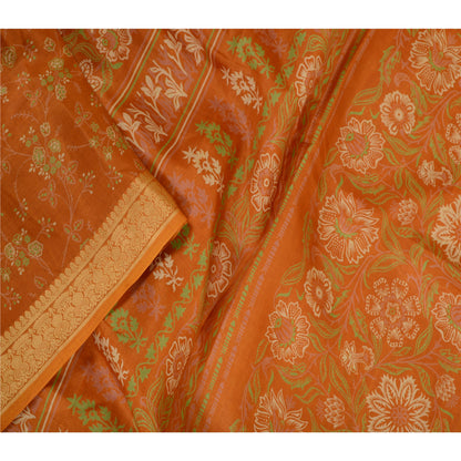 Sanskriti Vintage Sarees Brown Pure Silk Printed Sari Woven Border Craft Sustainable Fabric