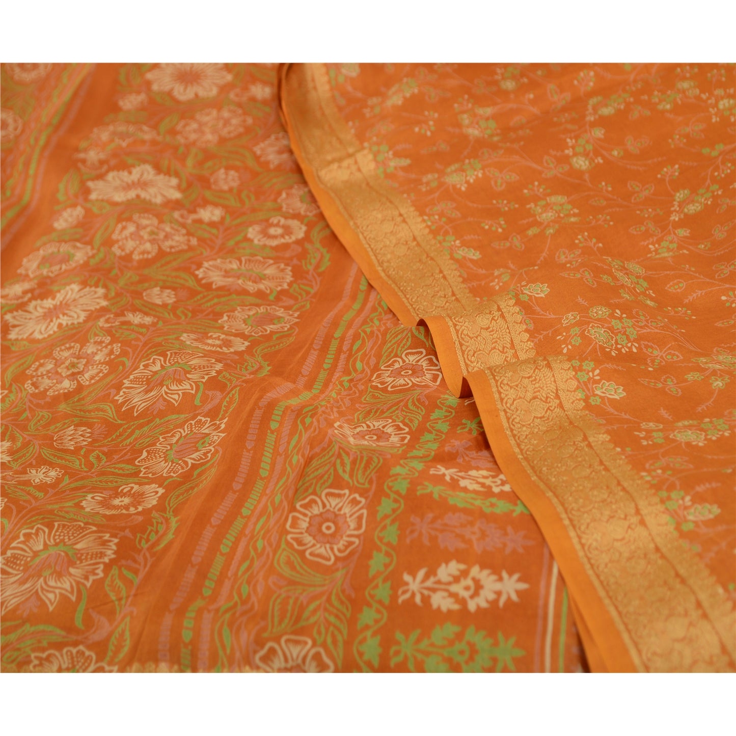 Sanskriti Vintage Sarees Brown Pure Silk Printed Sari Woven Border Craft Sustainable Fabric
