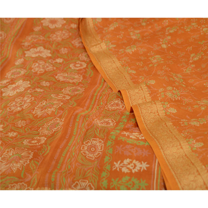 Sanskriti Vintage Sarees Brown Pure Silk Printed Sari Woven Border Craft Sustainable Fabric