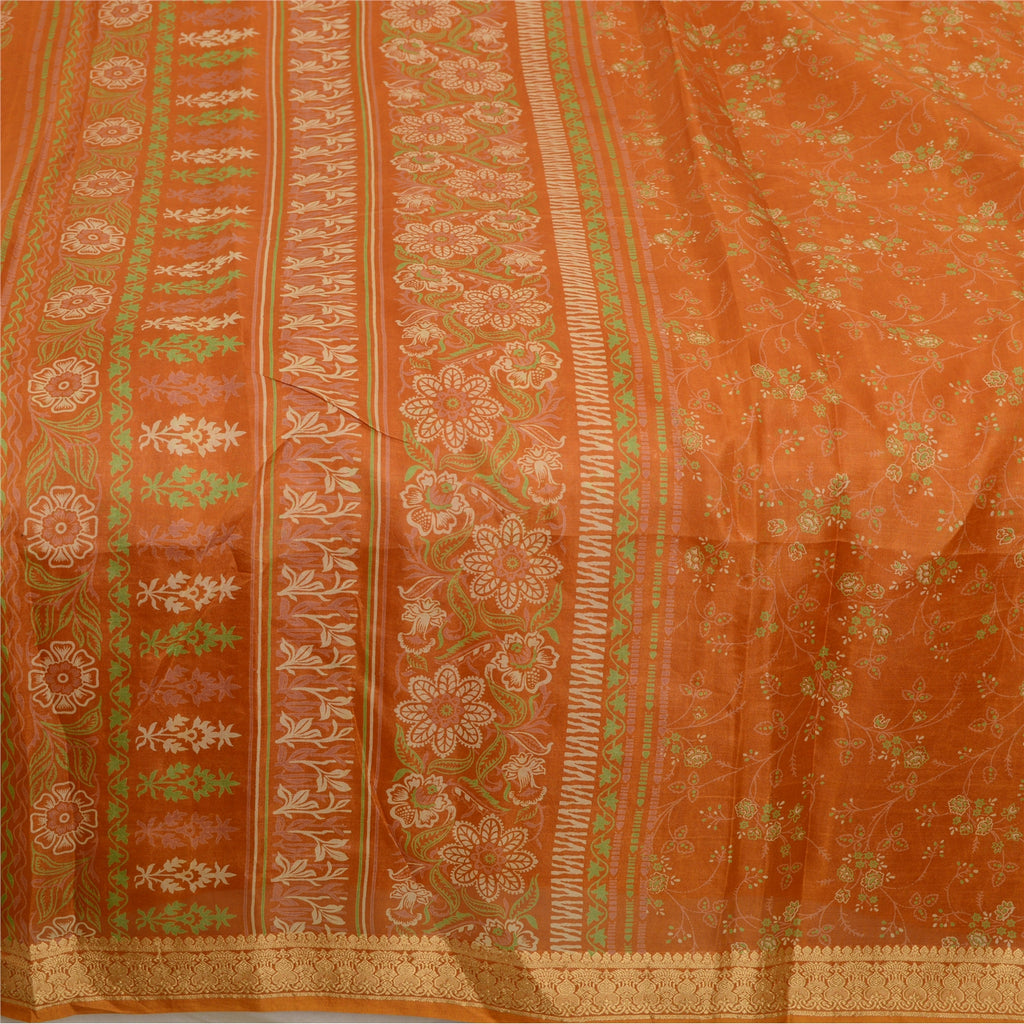 Sanskriti Vintage Sarees Brown Pure Silk Printed Sari Woven Border Craft Sustainable Fabric