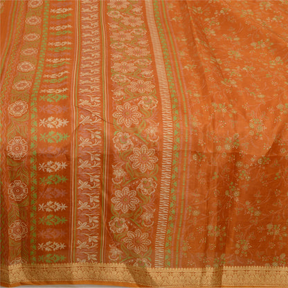 Sanskriti Vintage Sarees Brown Pure Silk Printed Sari Woven Border Craft Sustainable Fabric
