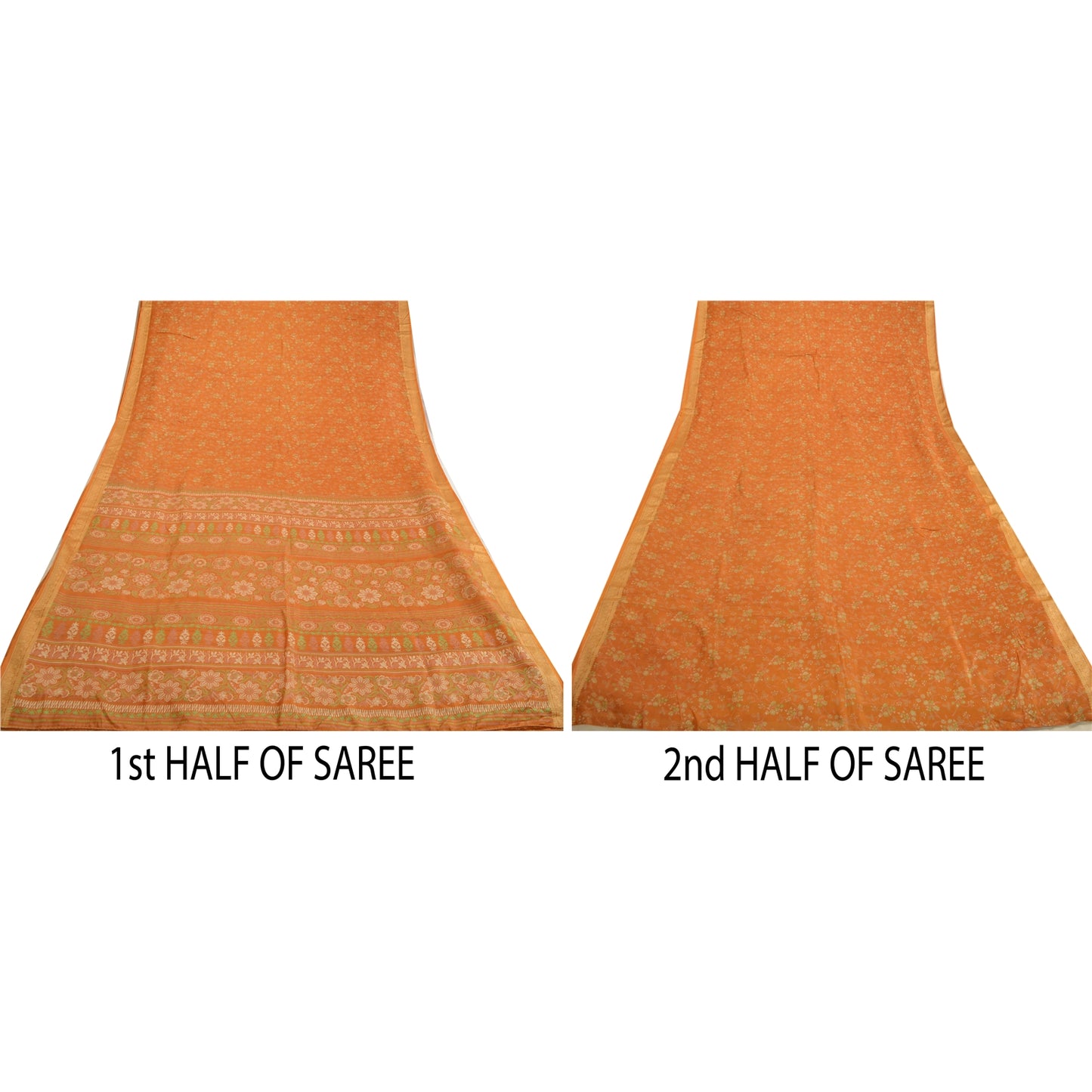 Sanskriti Vintage Sarees Brown Pure Silk Printed Sari Woven Border Craft Sustainable Fabric