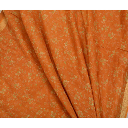 Sanskriti Vintage Sarees Brown Pure Silk Printed Sari Woven Border Craft Sustainable Fabric