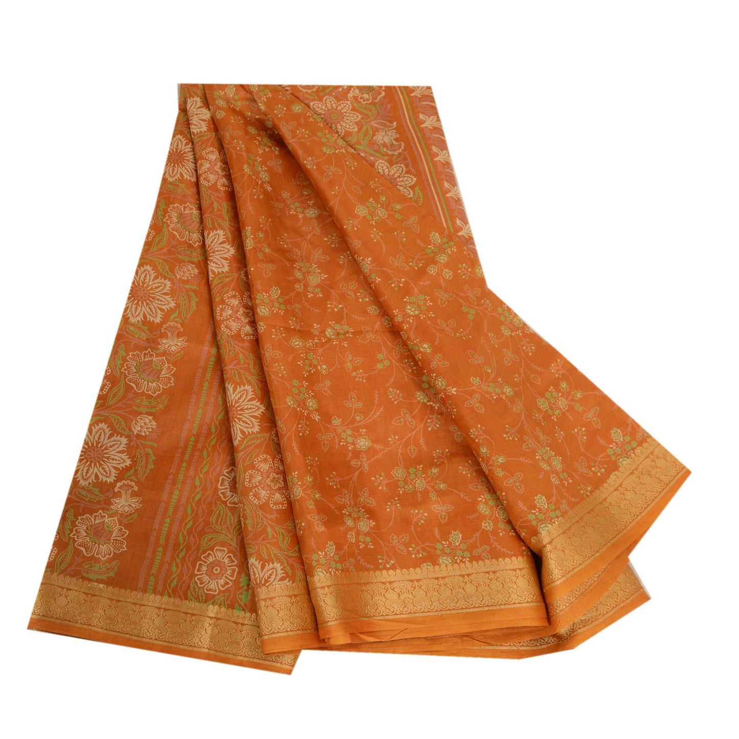 Sanskriti Vintage Sarees Brown Pure Silk Printed Sari Woven Border Craft Sustainable Fabric