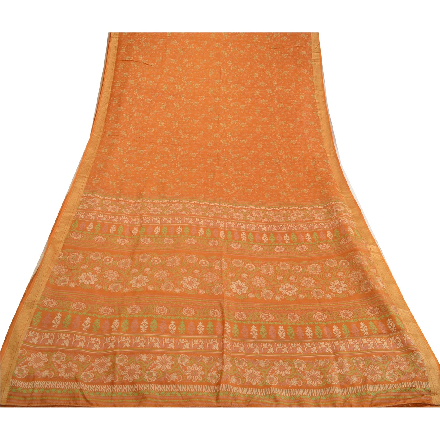 Sanskriti Vintage Sarees Brown Pure Silk Printed Sari Woven Border Craft Sustainable Fabric