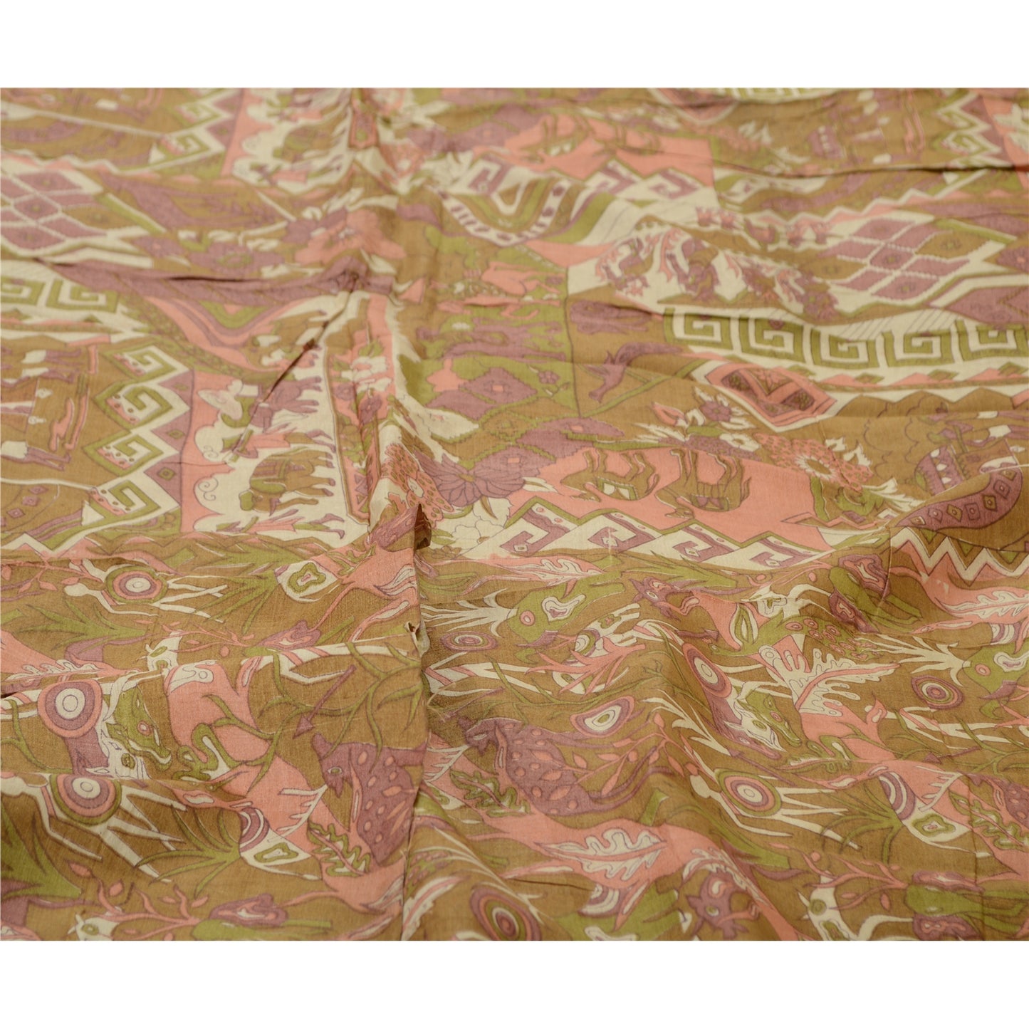 Sanskriti Vintage Sarees Green Pure Silk Human Animal Printed Sari Craft Sustainable Fabric