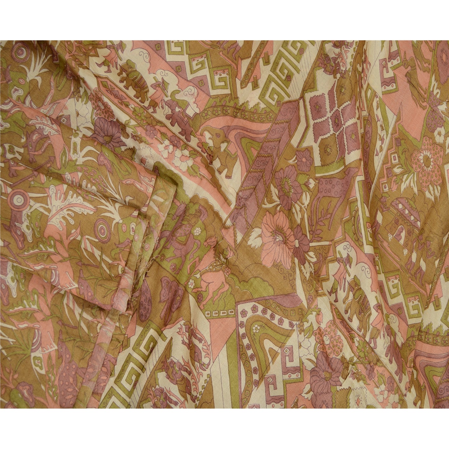 Sanskriti Vintage Sarees Green Pure Silk Human Animal Printed Sari Craft Sustainable Fabric