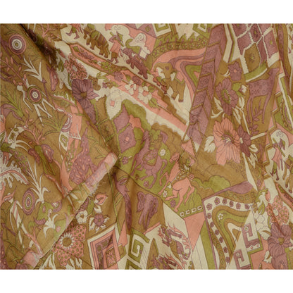 Sanskriti Vintage Sarees Green Pure Silk Human Animal Printed Sari Craft Sustainable Fabric