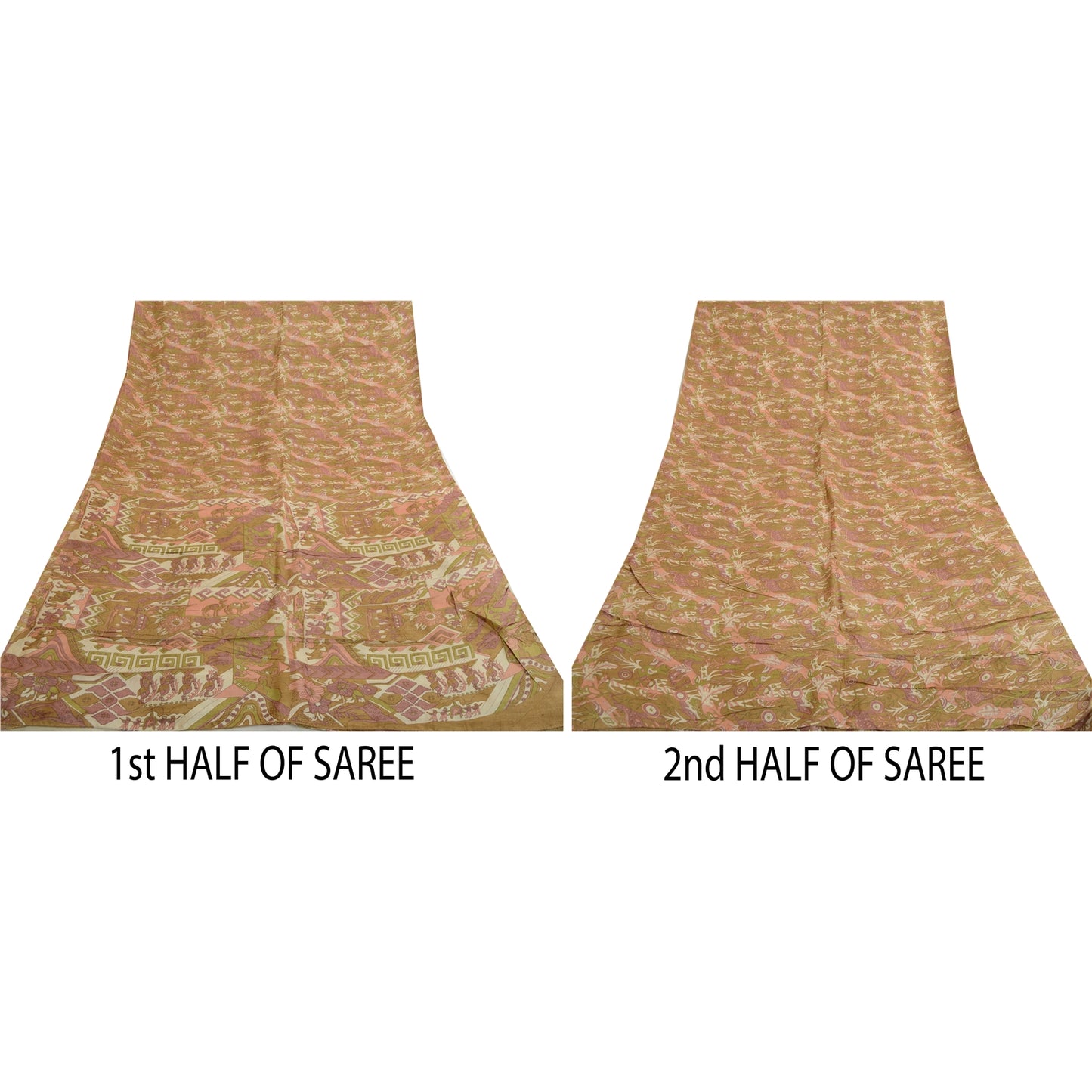 Sanskriti Vintage Sarees Green Pure Silk Human Animal Printed Sari Craft Sustainable Fabric