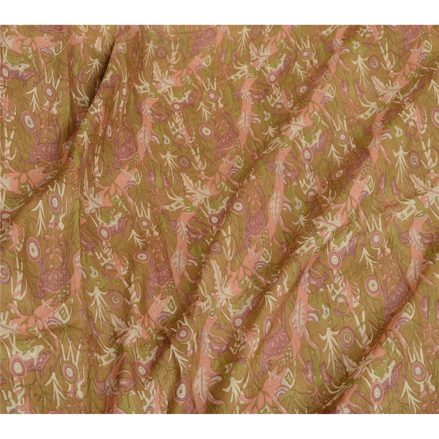 Sanskriti Vintage Sarees Green Pure Silk Human Animal Printed Sari Craft Sustainable Fabric