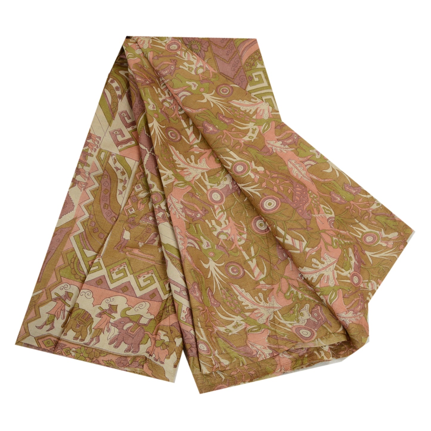 Sanskriti Vintage Sarees Green Pure Silk Human Animal Printed Sari Craft Sustainable Fabric