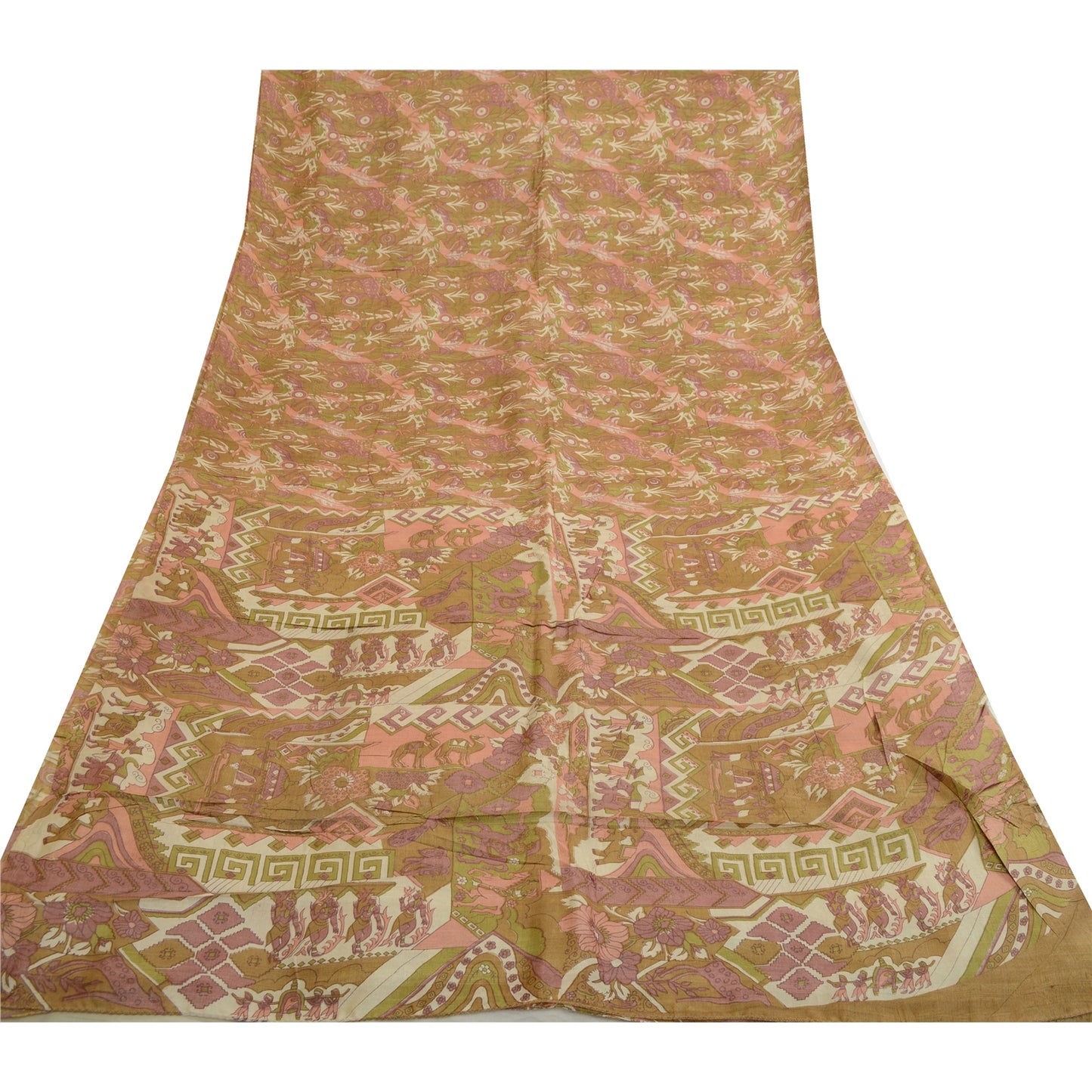 Sanskriti Vintage Sarees Green Pure Silk Human Animal Printed Sari Craft Sustainable Fabric