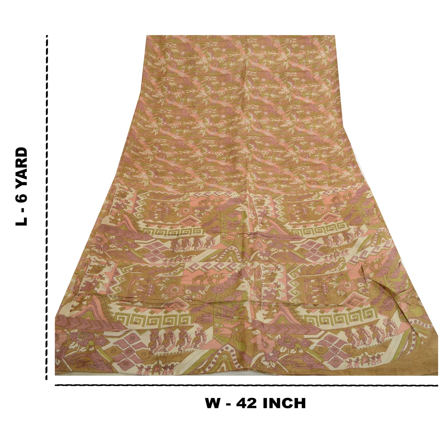 Sanskriti Vintage Sarees Green Pure Silk Human Animal Printed Sari Craft Sustainable Fabric