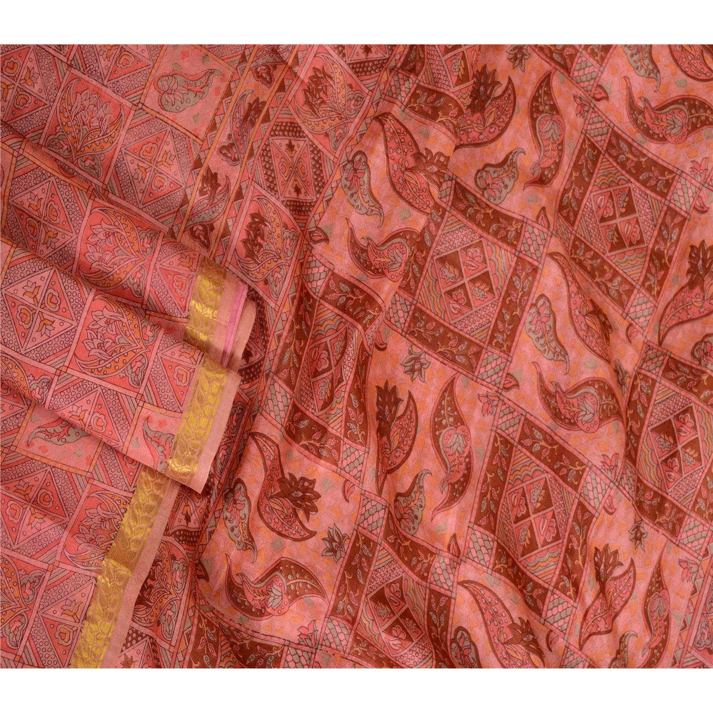 Sanskriti Vintage Sarees Pink Zari Border Ren Silke Trykt Sari Håndværk Bæredygtigt Stoff