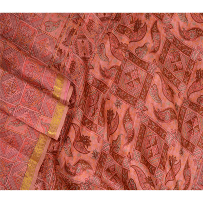 Sanskriti Vintage Sarees Pink Zari Border Ren Silke Trykt Sari Håndværk Bæredygtigt Stoff