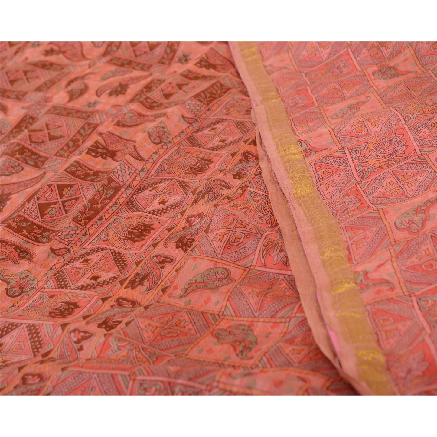 Sanskriti Vintage Sarees Pink Zari Border Ren Silke Trykt Sari Håndværk Bæredygtigt Stoff