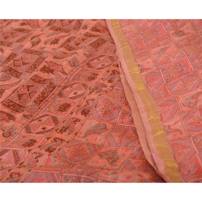 Sanskriti Vintage Sarees Pink Zari Border Ren Silke Trykt Sari Håndværk Bæredygtigt Stoff