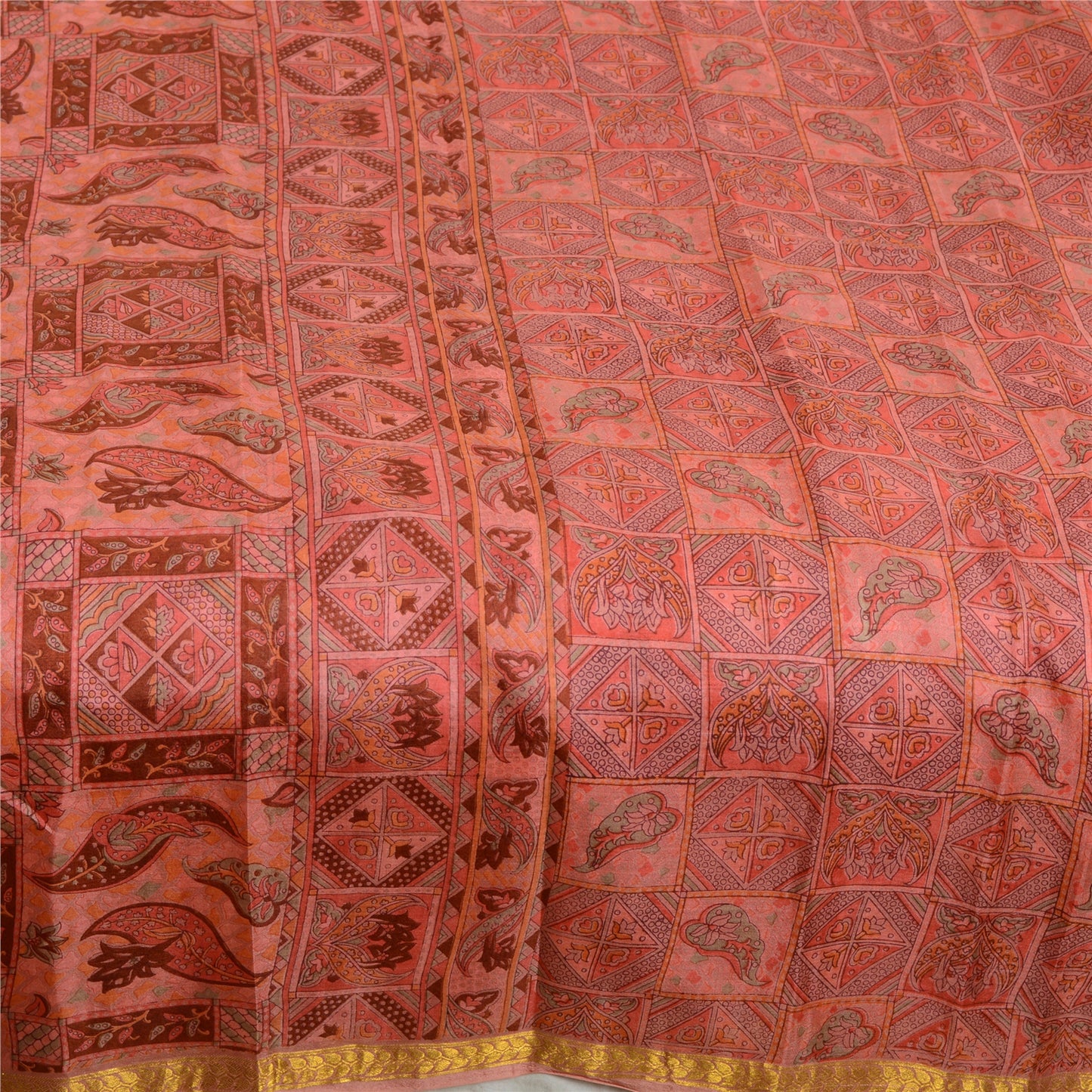 Sanskriti Vintage Sarees Pink Zari Border Ren Silke Trykt Sari Håndværk Bæredygtigt Stoff