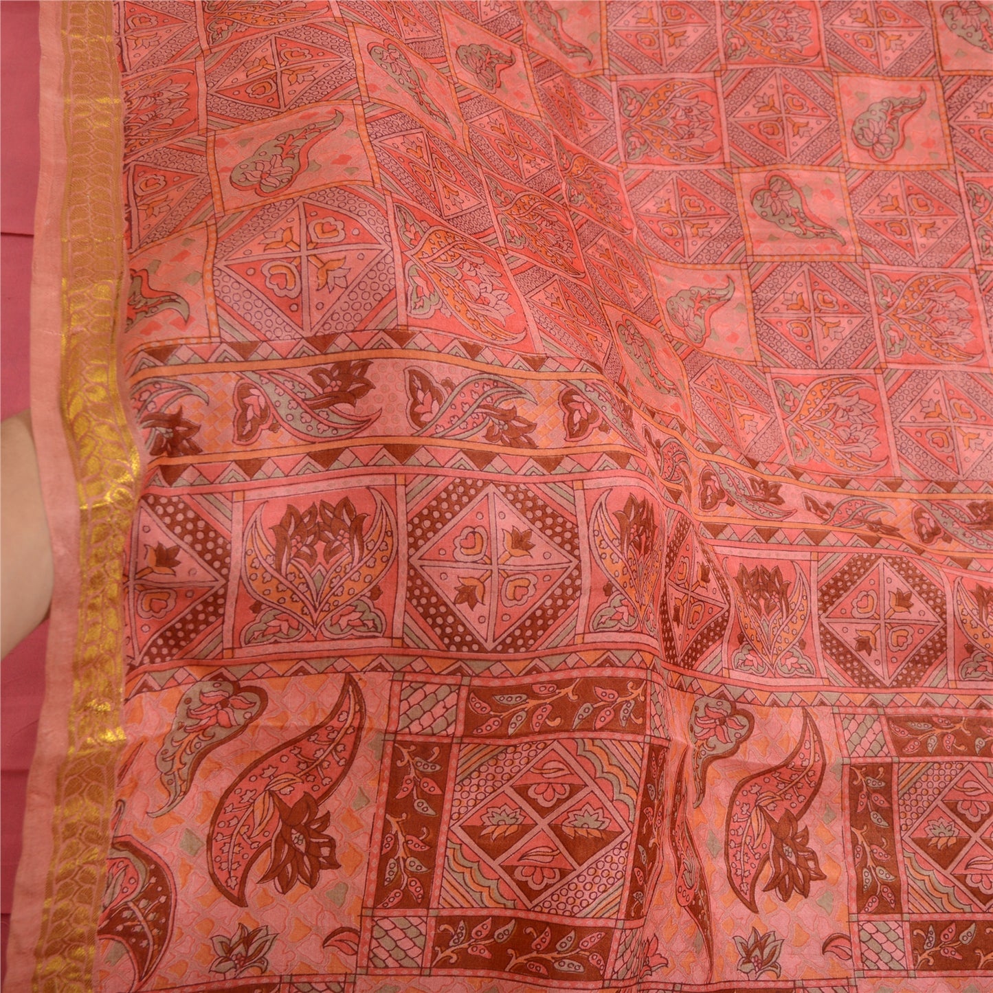 Sanskriti Vintage Sarees Pink Zari Border Ren Silke Trykt Sari Håndværk Bæredygtigt Stoff
